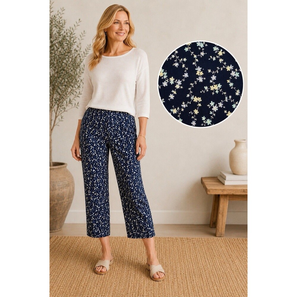 J Jill NWT Cropped Navy Blue Ditzy Floral Vine Print Pants Cotton Bl Coastal 16